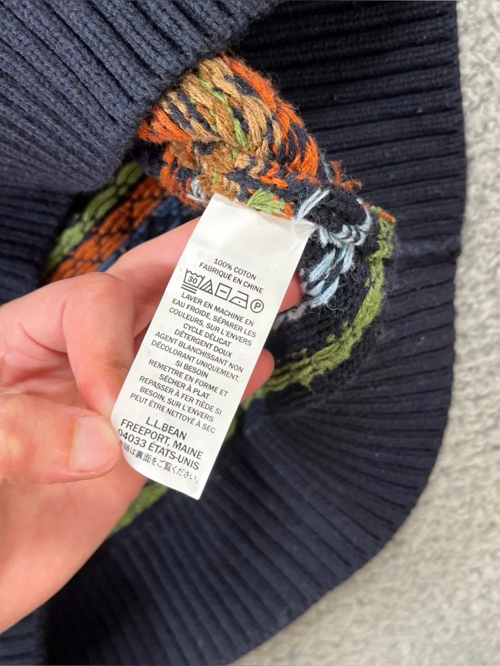 LL Bean Mens Size Large Fair‎ Isle 1/4 Zip Pullover Cotton Sweater Navy Multi